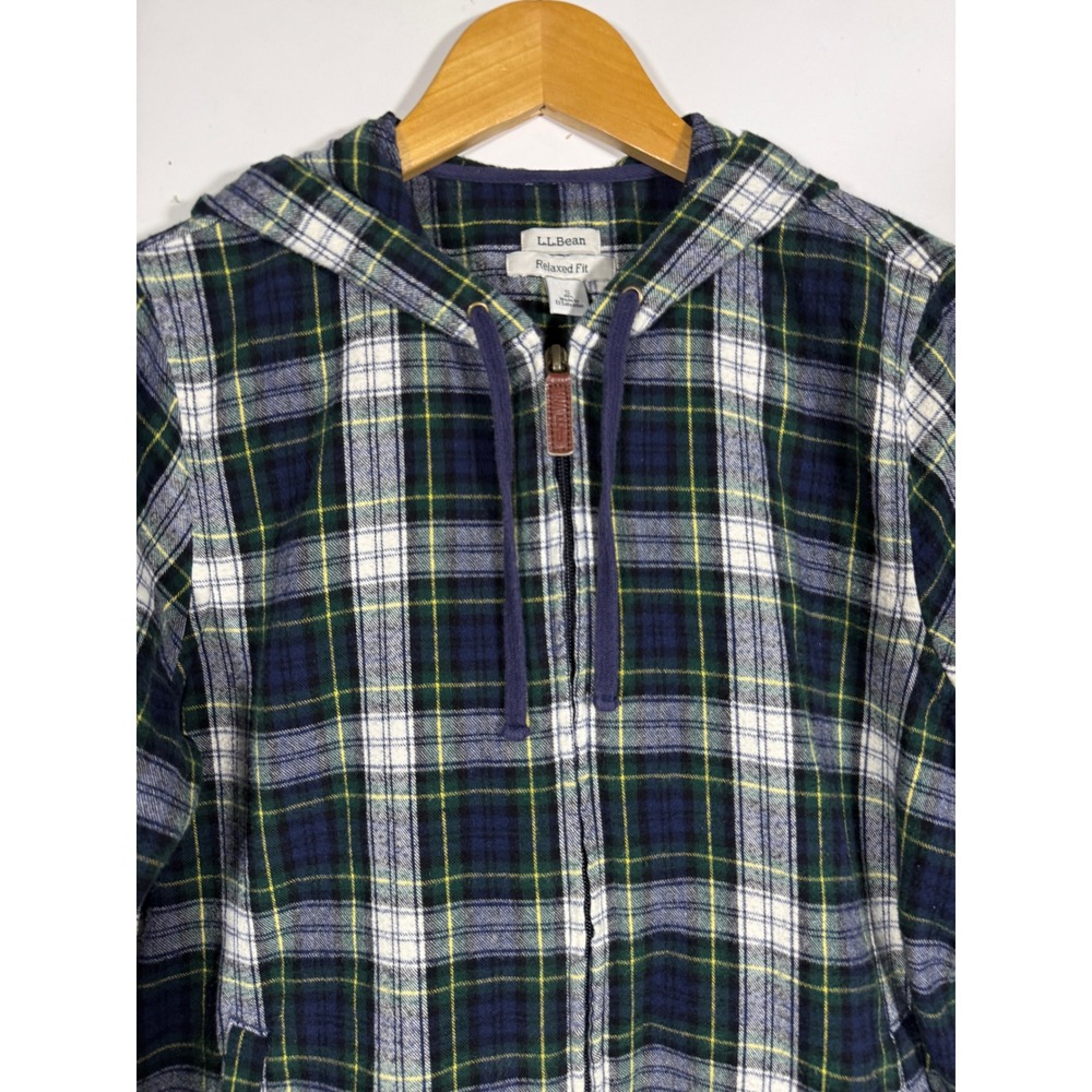 LL Bean Mens Small Relaxed Fit Flannel Full Zip Hoodie Plaid Navy Green White
